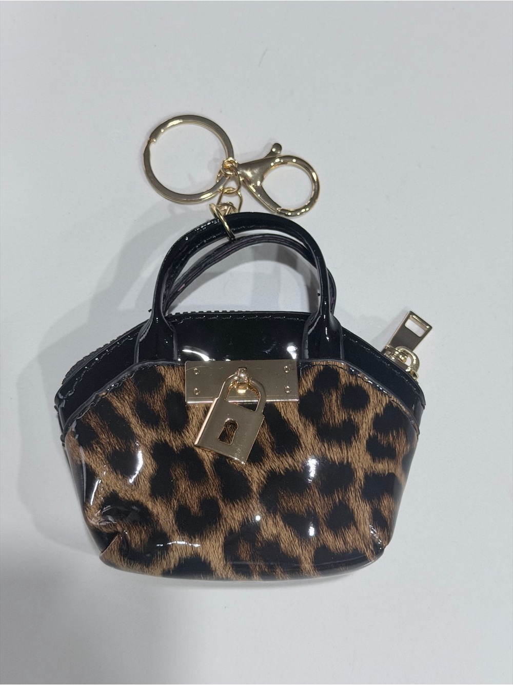 Leopard Print Mini Bag Keychain with Gold Hardware